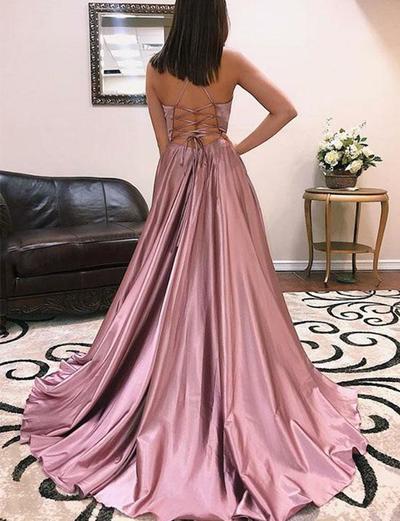 Simple A Line Spaghetti Straps Purple Prom Dresses Long Split Front,730