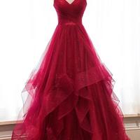 Cheap Red Prom Dresses Spaghetti Straps Evening Dresses with Ruffles,731 - Thumbnail 1