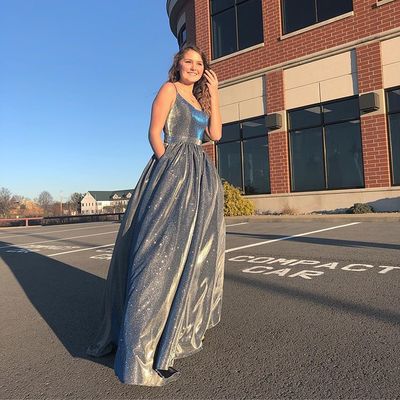 Bling bling a line spaghetti straps navy blue long prom/evening dress,732