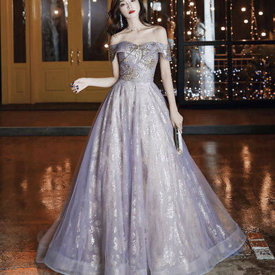 Shiny tulle sequins long prom dress evening dress - Thumbnail 5