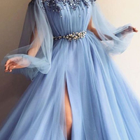 Gorgeous Ball Gown Long Sleeves Blue Split Prom Dresses with Beading Appliques - Thumbnail 1