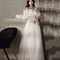 Unique tulle sequins long prom dress white evening dress - Thumbnail 1