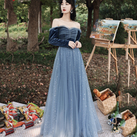 Blue velvet tulle long prom dress blue evening dress - Thumbnail 1