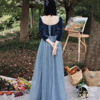 Blue velvet tulle long prom dress blue evening dress - Thumbnail 2