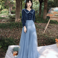 Blue velvet tulle long prom dress blue evening dress - Thumbnail 3