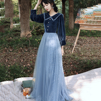 Blue velvet tulle long prom dress blue evening dress - Thumbnail 4