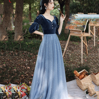 Blue velvet tulle long prom dress blue evening dress - Thumbnail 5