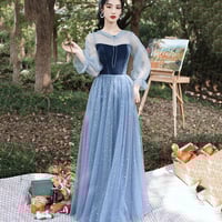 Blue velvet tulle long prom dress blue evening dress - Thumbnail 6