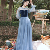 Blue velvet tulle long prom dress blue evening dress - Thumbnail 7