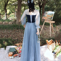 Blue velvet tulle long prom dress blue evening dress - Thumbnail 8