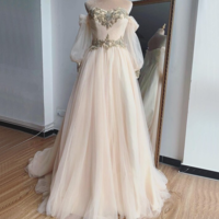 Champagne Off Shoulder Sexy Wedding Dresses 2020 Beading Sequins Photography Bridal Gowns,53 - Thumbnail 2