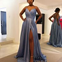 Sparkly A-Line V Neck Cross Back Blue Long Prom Evening Dresses with Slit and Pockets - Thumbnail 1