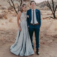 New A-Line Halter Cross Back Silver Long Sparkly Prom Evening Dresses - Thumbnail 1