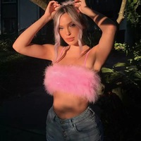 Sexy Pink Feathers Fluffy Fur Crop Top Camisole Tank Sleeveless T-shirt Tee Shirt E-Girl Kawaii Korean Japanese Harajuku Retro Streetwear Fashion - Thumbnail 2