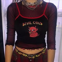 Sexy Devil Cartoon Print Graphic Summer Tank Camisole Spaghetti Strap Patchwork Crop Top E-Girl Kawaii Korean Japanese Harajuku Retro Streetwear - Thumbnail 1