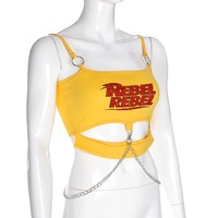 Sexy Yellow Rebel Letter Print Biker Punk Goth Hallow Out Metal Chain Crop Top Tank E-Girl Kawaii Korean Japanese Harajuku Retro Streetwear - Thumbnail 3