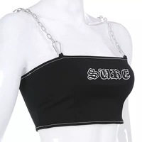 Sexy Black Goth Punk Letter Print Metal Chain Camisole Tank Crop Top Shirt Summer E-Girl Kawaii Korean Japanese Harajuku Retro Streetwear - Thumbnail 4