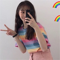 Cute Causal Pastel Rainbow Colorful Stripe Loose Round Neck Short Sleeve Tee Shirt T-shirt Top E-Girl Kawaii Korean Japanese Harajuku Retro Streetwear - Thumbnail 1