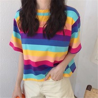 Cute Causal Pastel Rainbow Colorful Stripe Loose Round Neck Short Sleeve Tee Shirt T-shirt Top E-Girl Kawaii Korean Japanese Harajuku Retro Streetwear - Thumbnail 3