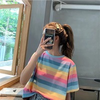 Cute Causal Pastel Rainbow Colorful Stripe Loose Round Neck Short Sleeve Tee Shirt T-shirt Top E-Girl Kawaii Korean Japanese Harajuku Retro Streetwear - Thumbnail 4