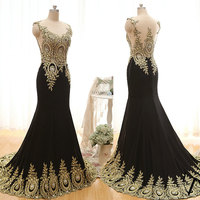 New Arrival Gold Lace Black Prom Dresses Mermaid Prom Dress Crystal Long Evening Gowns,55 - Thumbnail 1