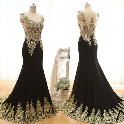 New arrival gold lace black prom dresses mermaid prom dress crystal long evening gowns,55 - Thumbnail 5