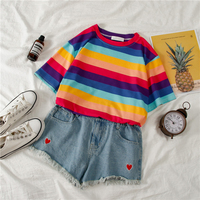 Cute Causal Pastel Rainbow Colorful Stripe Loose Round Neck Short Sleeve Tee Shirt T-shirt Top E-Girl Kawaii Korean Japanese Harajuku Retro Streetwear - Thumbnail 6