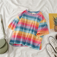 Cute Causal Pastel Rainbow Colorful Stripe Loose Round Neck Short Sleeve Tee Shirt T-shirt Top E-Girl Kawaii Korean Japanese Harajuku Retro Streetwear - Thumbnail 7