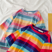 Cute Causal Pastel Rainbow Colorful Stripe Loose Round Neck Short Sleeve Tee Shirt T-shirt Top E-Girl Kawaii Korean Japanese Harajuku Retro Streetwear - Thumbnail 8