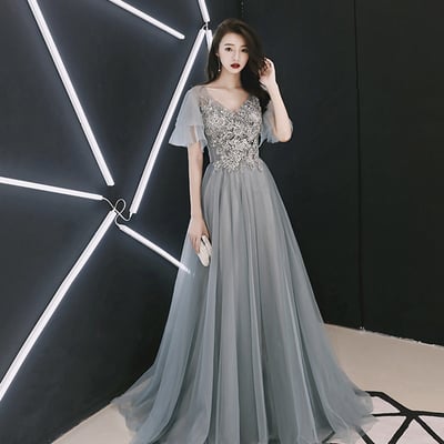 Grey tulle lace long prom dress lace evening dress - Thumbnail 3