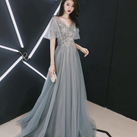Grey tulle lace long prom dress lace evening dress - Thumbnail 1
