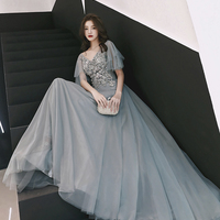 Grey tulle lace long prom dress lace evening dress - Thumbnail 2