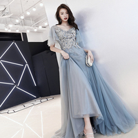 Grey tulle lace long prom dress lace evening dress - Thumbnail 3