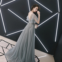 Grey tulle lace long prom dress lace evening dress - Thumbnail 4