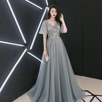 Grey tulle lace long prom dress lace evening dress - Thumbnail 5