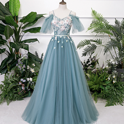 Blue v neck lace long prom gown  blue evening dress - Thumbnail 5