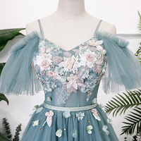 Blue v neck lace long prom gown  blue evening dress - Thumbnail 1