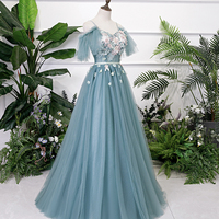 Blue v neck lace long prom gown  blue evening dress - Thumbnail 3