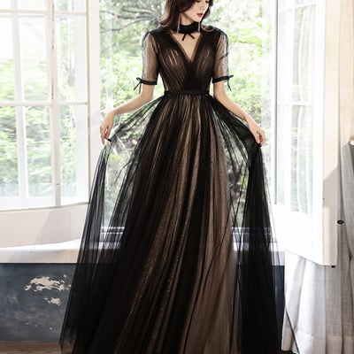 Black tulle long prom dress black evening dress - Thumbnail 5