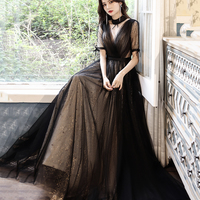 Black tulle long prom dress black evening dress - Thumbnail 2