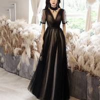 Black tulle long prom dress black evening dress - Thumbnail 3