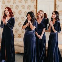 Elegant Navy Blue Velvet Long Winter Bridesmaid Dresses - Thumbnail 1