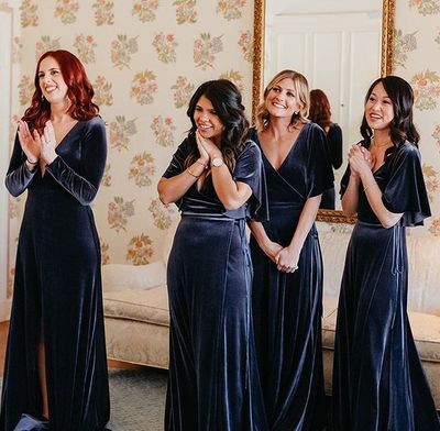 Elegant Navy Blue Velvet Long Winter Bridesmaid Dresses