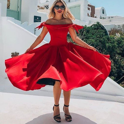 Bateau red tea length prom dresses  - Thumbnail 5