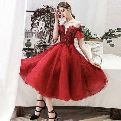 Burgundy lace short prom dress party dress - Thumbnail 4