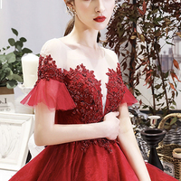 Burgundy lace short prom dress party dress - Thumbnail 2