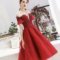 Burgundy lace short prom dress party dress - Thumbnail 3