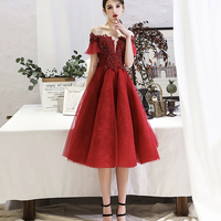 Burgundy lace short prom dress party dress - Thumbnail 4