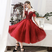 Burgundy lace short prom dress party dress - Thumbnail 5