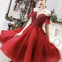 Burgundy lace short prom dress party dress - Thumbnail 1